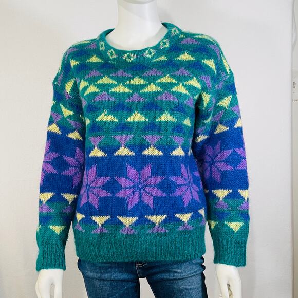 Gallagher Mohair Sweater Womens Large Purple Green Snowflake Abstract Pullover - Picture 1 of 13